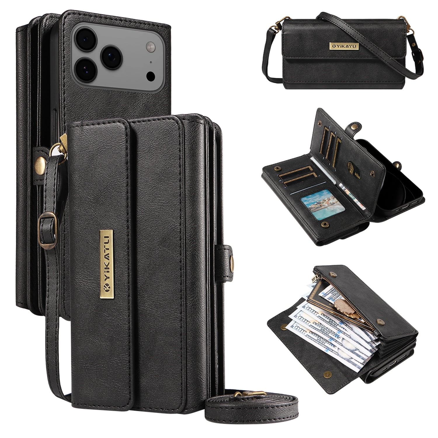 Dteck for iPhone 17 Pro Max Case Wallet with RFID Blocking Card Holder for WomenMen, PU Leather Magnetic Snap Flip Zipper Strap Crossbody Wallet Phone Case for iPhone 17 Pro Max 6.9",Black