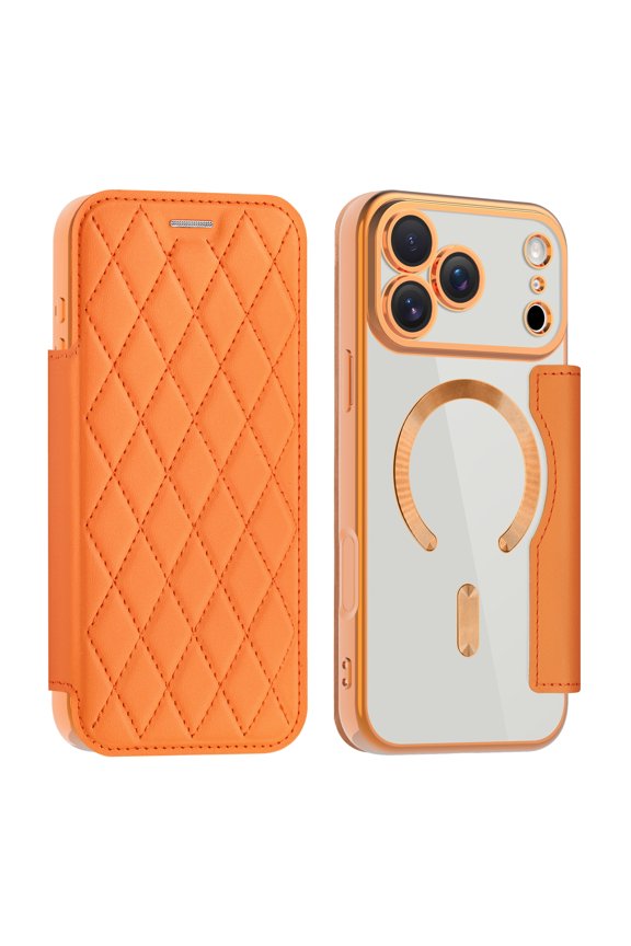 for iPhone 17 Pro Max Flip Wallet Case (2025), Magnetic Clear Back/Camera Lens Protector, Compatible with MagSafe Card Slots RFID Blocking PU Leather Protective Slim Phone Case, Orange