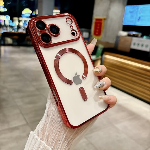 Dteck for iPhone 17 Pro Max Mangetic Case, Shockproof Camera Lens Protector Clear Magnetic Luxury Plating Compatible with MagSafe Soft TPU Rubber Elegant Anti-Scratch Case 6.9 inch, Red