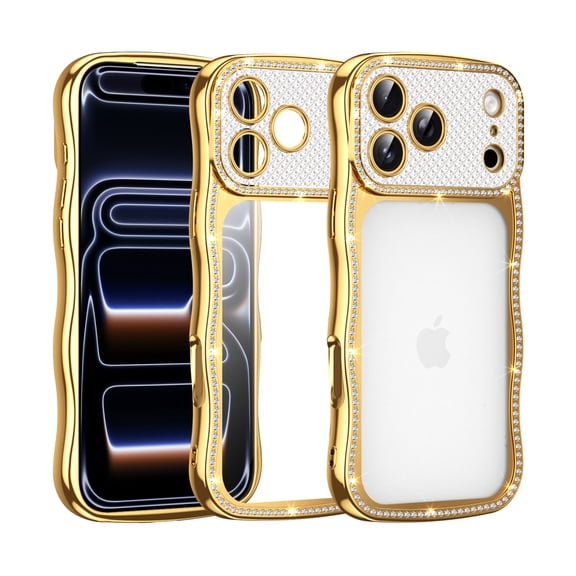 Dteck For iPhone 17 Pro Max Plating Cute Wave Frame Case with Luxury Bling Diamonds Sparkly Rhinestone for Women Girls Shockproof Slim Back Protective Phone Case, Gold