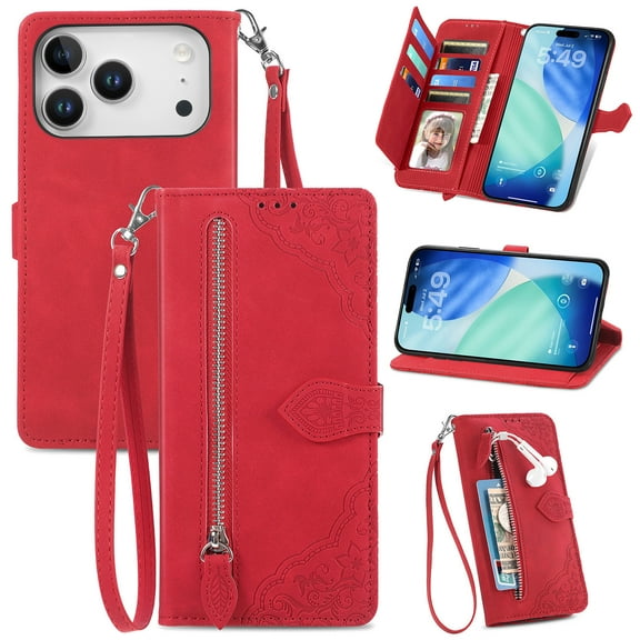 Dteck for iPhone 17 Pro Max Wallet Case with Credit Card Holder Zipper Pocket, Magnetic Flip Folio Book PU Leather Phone Case Shockproof Wristlet Strap Cover for Women Men, Red