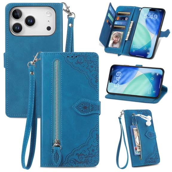 Dteck for iPhone 17 Pro Max 2025 released Wallet Case with Credit Card Holder Zipper Pocket, Magnetic Flip Folio Book PU Leather Phone Case Shockproof Wristlet Strap Cover for Women Men, Blue