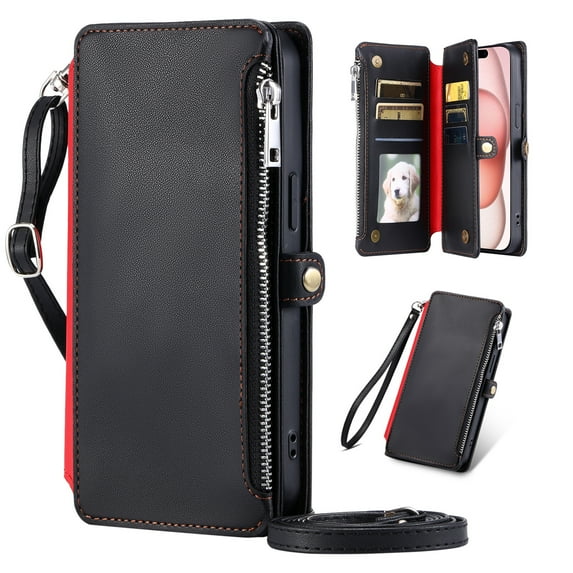 Dteck for iPhone 6s Plus/6 Plus Wallet Case, Crossbody Zipper Purse with Wrist for Women Men, 8-Card Slots Holder PU Leather Kickstand Flip Cover Phone Case,Black