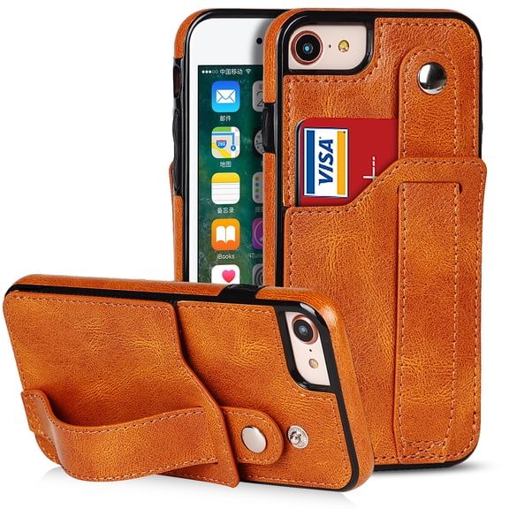 Dteck for iPhone 7 / iPhone 8 / SE 2022 & 2020 Slim Case, Shockproof Premium PU Leather Soft TPU Business Cover with Wrist Strap Kickstand Flip Stand Protection Case, khaki