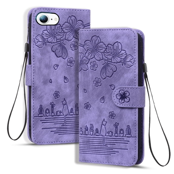 Dteck for iPhone 7 Case, PU Leather Embossed Comic Flip Wallet Case with Cart Slot Hand Strap and Kickstand Shockproof Protective Case for iPhone 7 4.7" 2016 Women Men, Purple