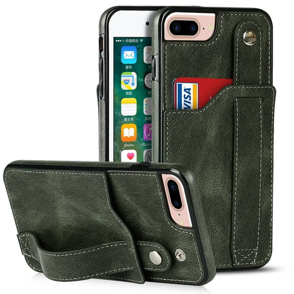 Dteck for iPhone 7 Plus / 8 Plus Slim Case, Shockproof Premium PU Leather Soft TPU Business Cover with Wrist Strap Kickstand Flip Stand Protection Case, green
