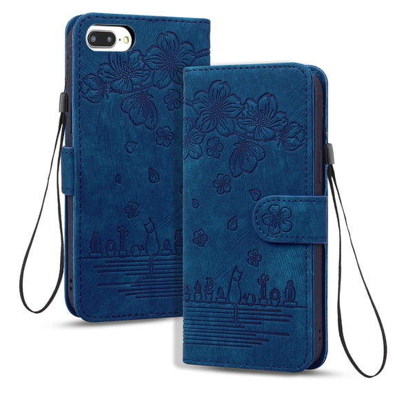 Dteck for iPhone 7 Plus Case, PU Leather Embossed Comic Flip Wallet Case with Cart Slot Hand Strap and Kickstand Shockproof Protective Case for iPhone 7 Plus 5.5" 2016 Women Men, Blue