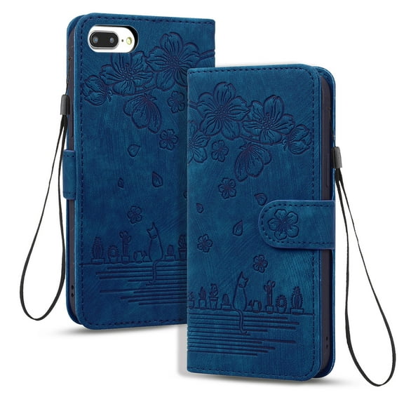 Dteck for iPhone 7 Plus Case, PU Leather Embossed Comic Flip Wallet Case with Cart Slot Hand Strap and Kickstand Shockproof Protective Case for iPhone 7 Plus 5.5" 2016 Women Men, Blue