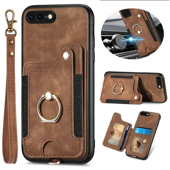 Dteck for iPhone 8 / iPhone 7 / iPhone SE 2022/ iPhone SE 2022 Case Wallet with Card Holder,Ring Stand,Wrist Strap,RFID-Blocking PU Leather Protective Magnetic Flip Cover, Brown