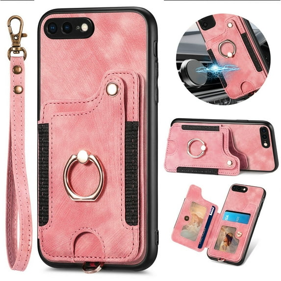 Dteck for iPhone 8 Plus / iPhone 7 Plus Case Wallet with Card Holder,Ring Stand,Wrist Strap,RFID-Blocking PU Leather Protective Magnetic Flip Cover, Pink
