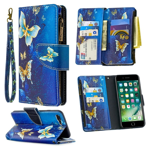 Dteck iPhone 8 Plus / 7 Plus Case with Zipper Wallet, Painted PU Leather Folio Case 9 Card Slots Wallet Case with Zipper Pocket / Hand Strap for iPhone 7 Plus/8 Plus 5.5",02# Blue Butterfly