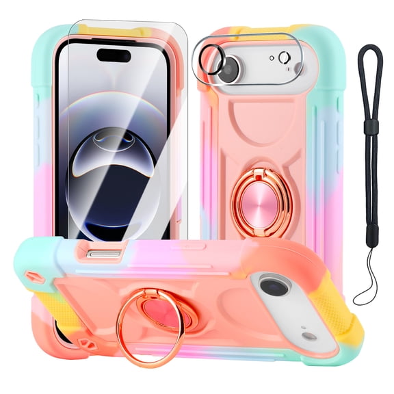 Dteck for iPhone Air Case with Screen Protector Camera Lens Cover, Full-Body Shock Absorption Heavy Duty Rugged Phone Case with Ring Kickstand,Rainbow Rosegold