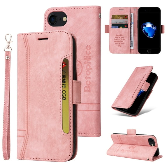 Dteck for iPhone SE 2022 / iPhone SE 2020 / iPhone 8 / iPhone 7 (4.7 inch) Wallet Phone Case with Wrist Strap,Premium PU Leather Magnetic ID Credit Card Holder Slots Flip Stand Phone Cover,Pink