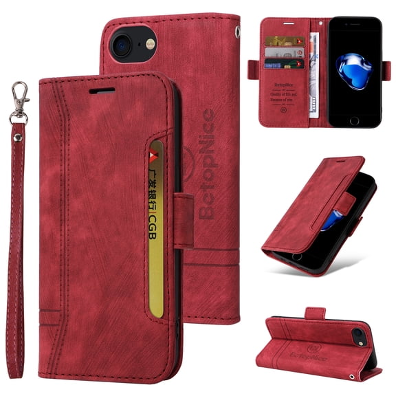 Dteck for iPhone SE 2022 / iPhone SE 2020 / iPhone 8 / iPhone 7 (4.7 inch) Wallet Phone Case with Wrist Strap,Premium PU Leather Magnetic ID Credit Card Holder Slots Flip Stand Phone Cover,Red