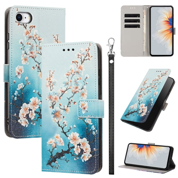 Dteck for iPhone SE (2022) / iPhone SE (2020) / iPhone 8 / iPhone 7 Case Wallet with Card Holder Slots, Wrist Strap, TPU Interior Protective, Stand PU Leather Folio Flip Case,Plum Blossom