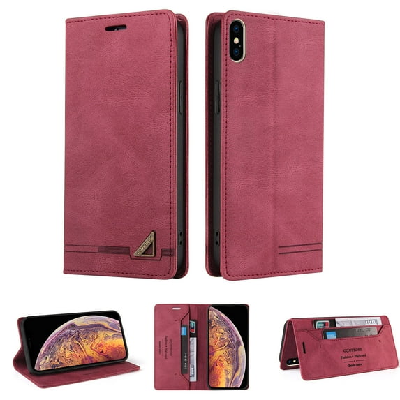 Dteck iPhone X Case, iPhone XS Case, Credit Card Slot Stand Slim Premium PU Leather & Soft TPU Back Shockproof Flip Folio Book Magnetic Cover For iPhone XS/X,Red