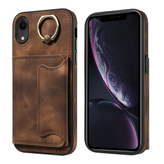 Dteck for iPhone XR Case with Card Holder, Retro PU Leather Wallet Case with Rotating Ring Kickstand, Slim Back Protective Cover Case for iPhone XR,Brown
