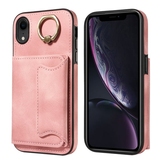 Dteck for iPhone XR Case with Card Holder, Retro PU Leather Wallet Case with Rotating Ring Kickstand, Slim Back Protective Cover Case for iPhone XR,Pink