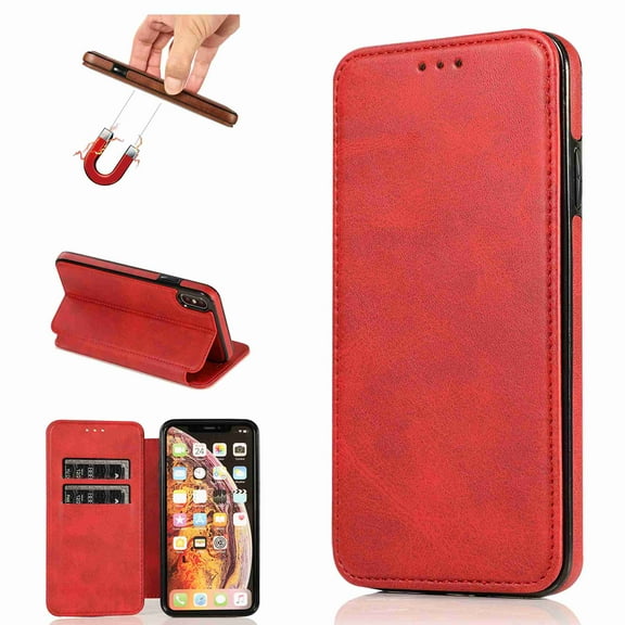Dteck iPhone XR Case, Premium PU Durable Leather Card Slots Wallet Folio Protective Shockproof Cover For iPhone XR, red