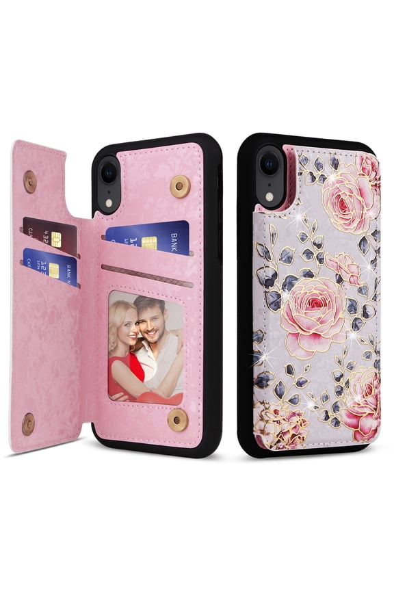 for iPhone XR Case Wallet with Card Holder, Floral Flower Pattern Back Flip Folio RFID Blocking PU Leather Kickstand Case for Women Girls, Double Magnetic Clasp Shockproof Cover 6.1",Rose