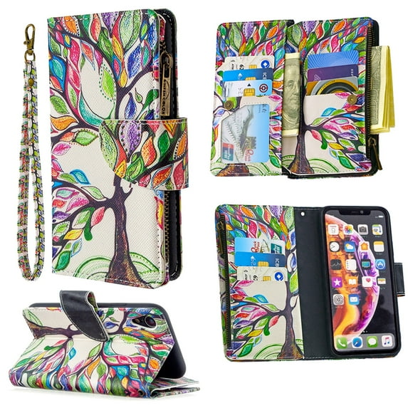 Dteck iPhone XR Case with Zipper Wallet, Painted PU Leather Folio Case 9 Card Slots Wallet Case with Zipper Pocket / Hand Strap for iPhone XR 6.1-inch,04# Tree