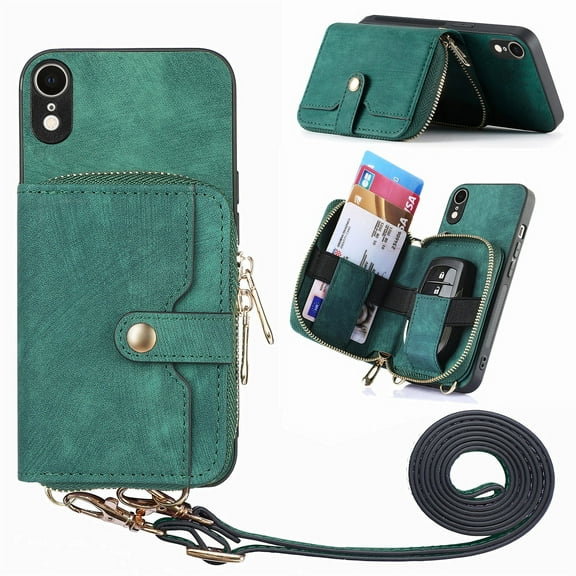 Dteck for iPhone XR Wallet Case with Card Holder, Phone Case with Crossbody Strap for Women Men, Handbag Purse Zipper Leather Cover for iPhone XR,Green