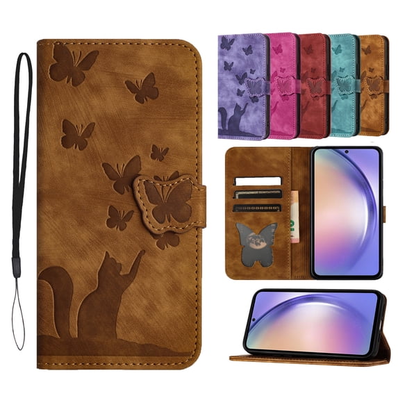 Dteck for iPhone XR Wallet Case, Embossed Butterfly Cute Cat Soft PU Leather Folio Flip Shockproof Protective Credit Card Slots Holder Cover for iPhone XR 6.1 Inch,Brown
