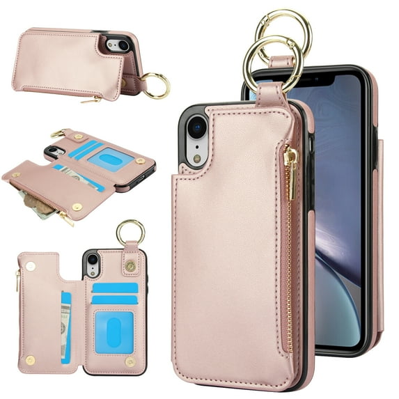 Dteck for iPhone XR Wallet Case, Flip Leather Case with RFID Blocking Card Holder Zipper Pocket, Ring Holder Kickstand Protective Folio Phone Cover for iPhone XR,Rosegold
