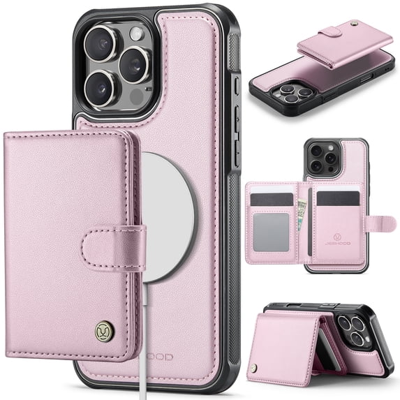 Dteck for iPhone XR Wallet Case Magnetic Card Holder, RFID Blocking 2 in 1 Detachable Kickstand Shockproof Cover for Women Men Compatible with Magsafe Accessory, Pink