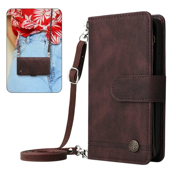 Dteck for iPhone XS Max Wallet Case with Card Holder, Soft PU Leather Handbag Purse Zipper Pocket Card Holder Wallet for Women Men, Crossbody Wallet Phone Case with Strap, Brown