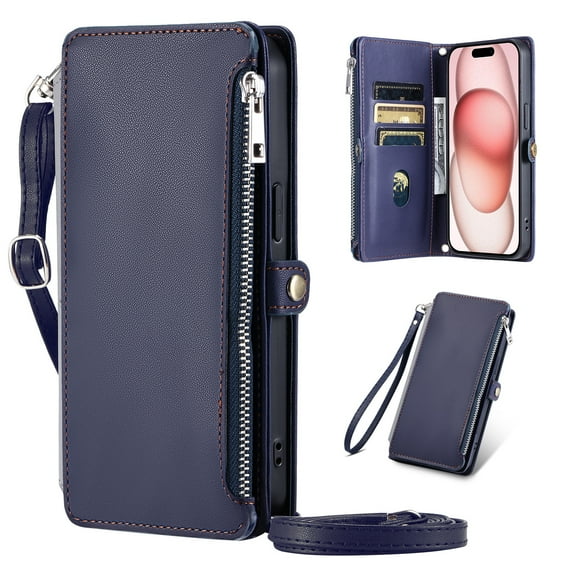 Dteck for iPhone XS/X Wallet Case, Crossbody Zipper Purse with Wrist for Women Men, 8-Card Slots Holder PU Leather Kickstand Flip Cover Phone Case,Blue