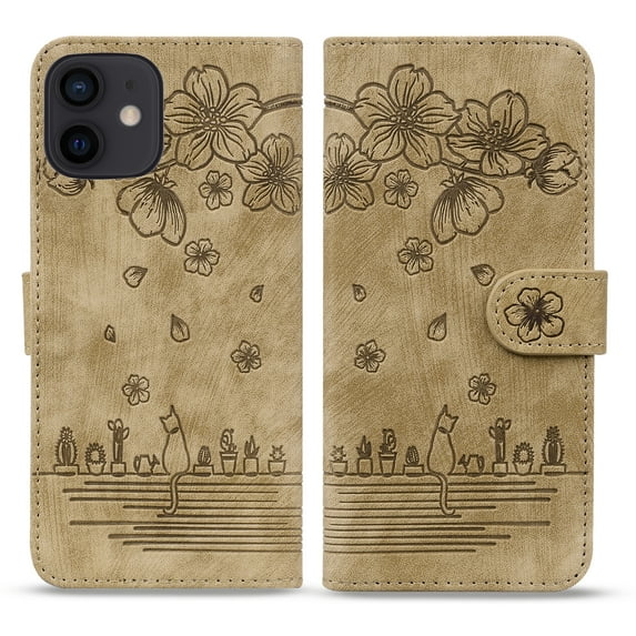 Dteck iPhone12 Pro Max Case,Sakura Cat Embossed PU Premium Leather Wallet Card Cash Slots Ultra-Slim Magnetic Flip Shockproof Kickstand Cover for iPhone 11 6.1 inch,Brown
