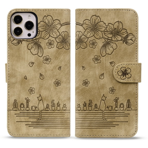 Dteck iPhone12 Pro Max Case,Sakura Cat Embossed PU Premium Leather Wallet Card Cash Slots Ultra-Slim Magnetic Flip Shockproof Kickstand Cover for iPhone 12 pro max 6.7 inch,Brown