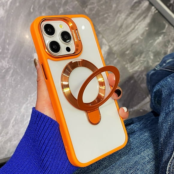 Dteck two built-in stands Case for iPhone 11,Shockproof Case Lens Foldable Kickstand Mag-Safe Magnetic Ring Invisible Stand Clear Back Cover,Orange