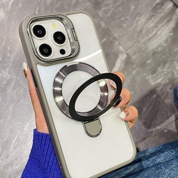 Dteck two built-in stands Case for iPhone 14,Shockproof Case Lens Foldable Kickstand Mag-Safe Magnetic Ring Invisible Stand Clear Back Cover,Gray