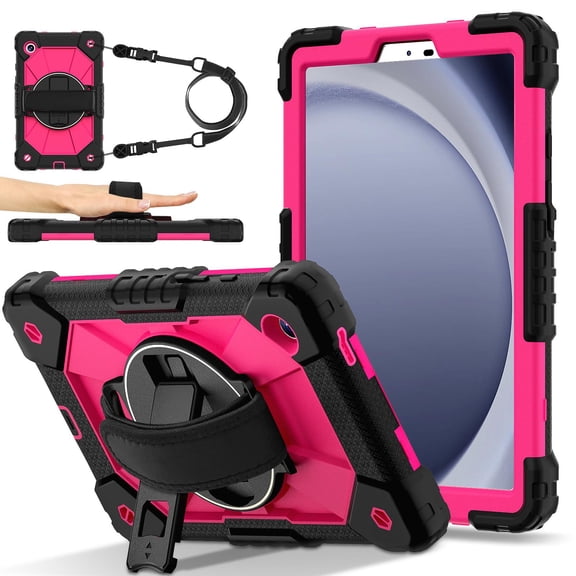 DteckCase for Samsung Galaxy Tab A11 8.7-Inch 2025 (SM-X133/SM-X135), Heavy Duty Shockproof Tablet Cover with Rotatable Kickstand Hand Strap and Shoulder Strap Rugged Protective Case, Black+Rose