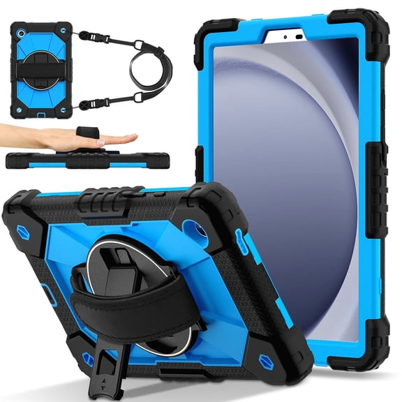 DteckCase for Samsung Galaxy Tab A11 8.7-Inch 2025 (SM-X133/SM-X135), Heavy Duty Shockproof Tablet Cover with Rotatable Kickstand Hand Strap and Shoulder Strap Rugged Protective Case, Black+Blue
