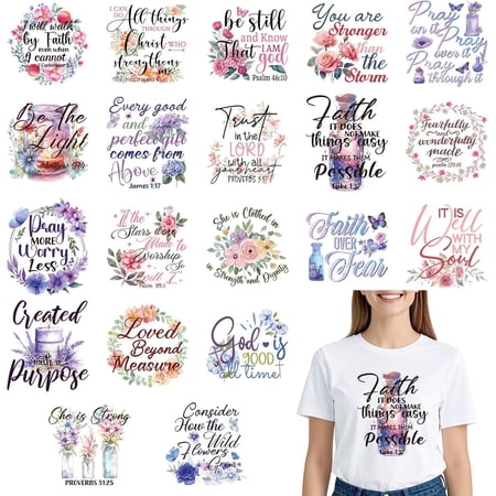 Dtf Transfers Ready to Press - 20Pcs Christian Bible Verse Iron on Transfer for Tshirts, Inspirational Quotes Iron on Decals Patches, Floral Heat Trasnefer for DIY Clothes Bags Hats Pillows