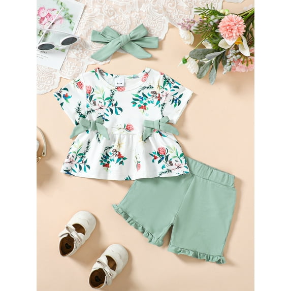 Dtiaagto Toddler Baby Girl Clothes Summer Outfits Set, Short Sleeve T-Shirt+Casual Shorts+Headband 3Pcs Infant Girl Clothing