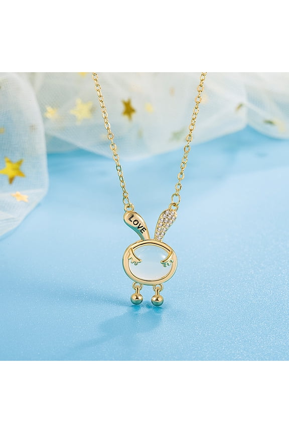 Dtja Cute Rabbit Cat's Eye Pendant Necklace for Women Gold-Plated Crystal Bunny Animal Link Chain Choker Necklaces Adjustable Easter Birthday Anniversary