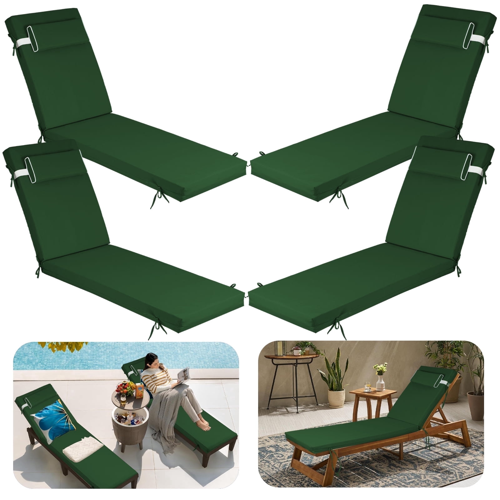 DTTRA Chaise Lounge Cushions Outdoor, 72 x 21 x 3 Inch, Waterproof Lounge Chair Cushion for Outdoor Furniture, Patio Lounger Pads with Removable Cover Ties Pillow for Pool, Garden Loungers