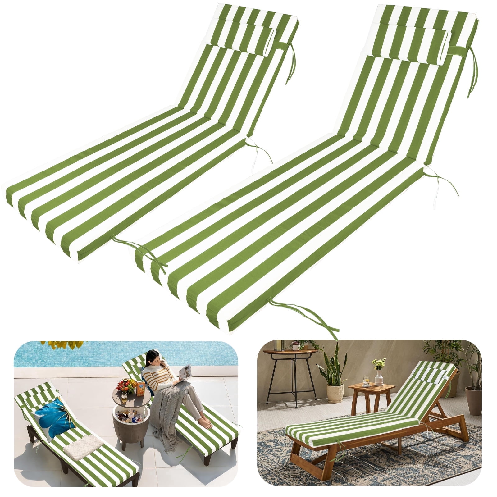 DTTRA Chaise Lounge Cushions Outdoor, 72 x 21 x 3 Inch, Waterproof Lounge Chair Cushion for Outdoor Furniture, Patio Lounger Pads with Removable Cover Ties Pillow for Pool, Garden Loungers