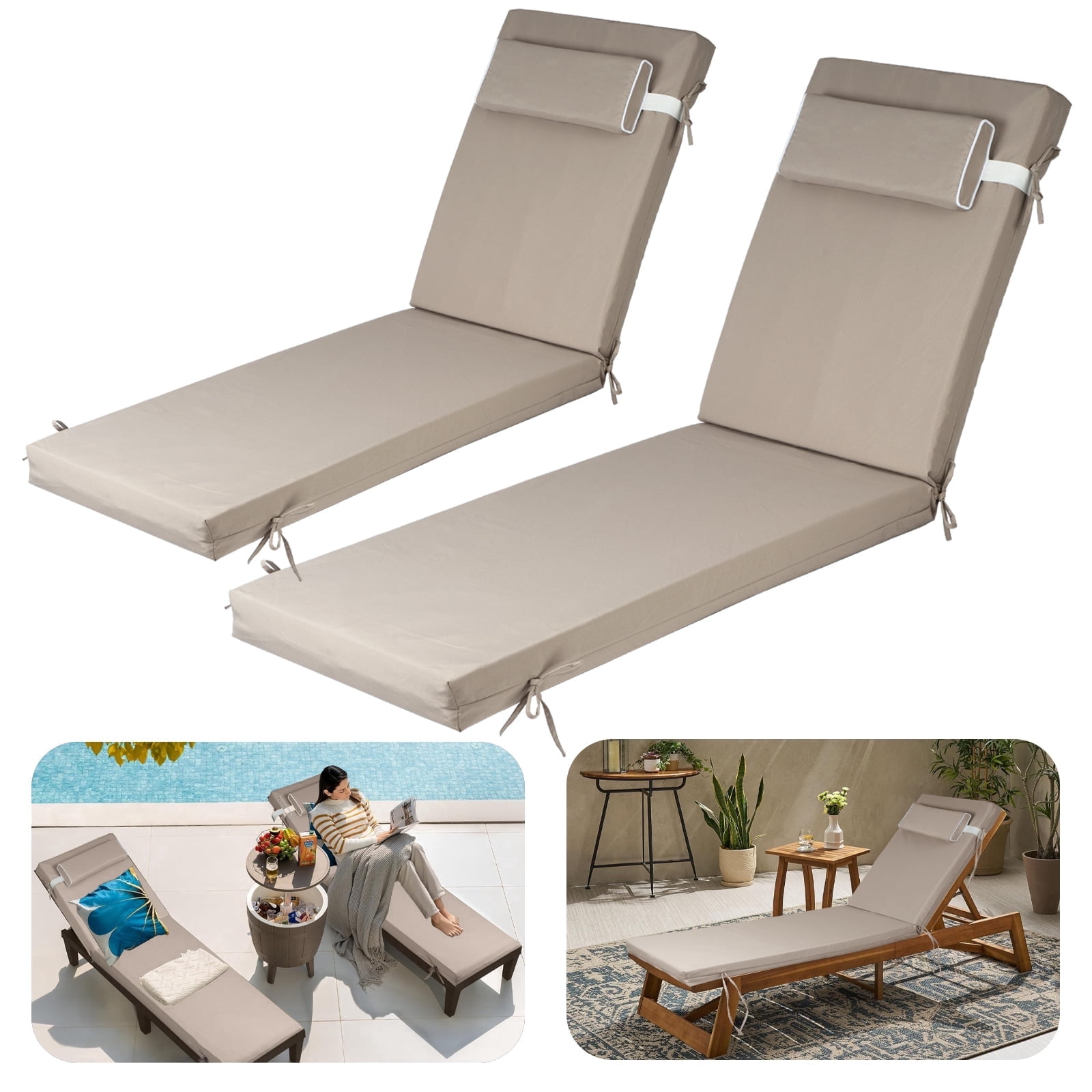 DTTRA Chaise Lounge Cushions Outdoor, 72 x 21 x 3 Inch, Waterproof Lounge Chair Cushion for Outdoor Furniture, Patio Lounger Pads with Removable Cover Ties Pillow for Pool, Garden Loungers