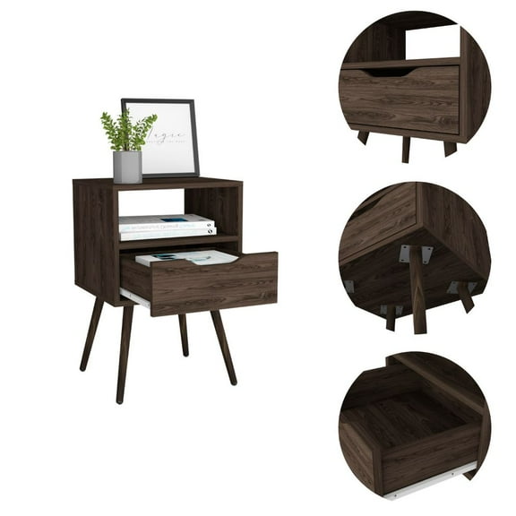 Dtwnek 1 Drawer Nightstand with 1 Open Shelf, Beside Table for Living Room, Bedroom, Dark Brown