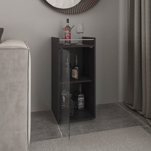 Dtwnek 1 Glass Doors Bar Cabinet with Open Shelf and Inner Shelf, Black