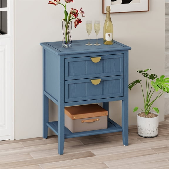 Dtwnek 2 Drawer Beside Table with Bottom Shlef, Wood Beside Table for Bedroom, Living Room