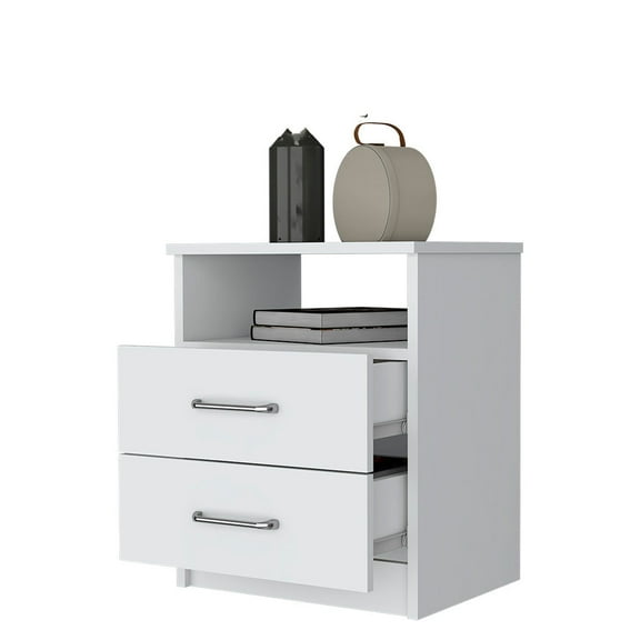Dtwnek 2 Drawers Nightstand with 1 Open Shelf, Wood Beside Table for Living Room, Bedroom, White