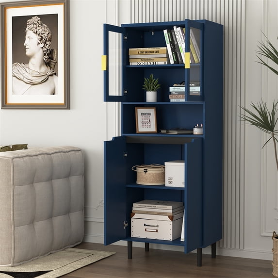 Dtwnek 2 Glass Display Door Storage Cabinet with Open Shelf, Tall Kitchen Pantry Cabinet with Handles, Modern Cabinet for Bathroom, Dining Rooom, Living Room, Blue