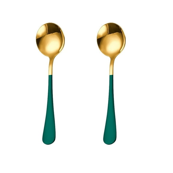 Dtwnek 2 Pack Stainless Steel Long Handled Soup Spoons, Table Spoons, Green+Gold, 6.3 Inches