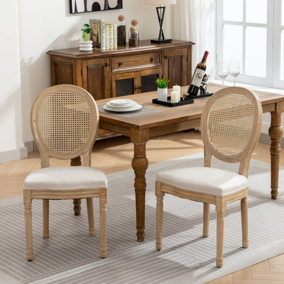 Dtwnek 2 Pack Wood Frame Side Chair Linen Fabric Rattan Back Dining Chair for Living Room, Dining Room, Beige
